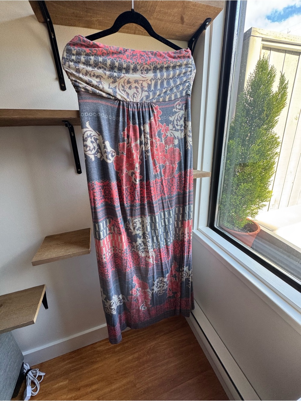 Maxi Skirt with Coral and Gray Floral Print